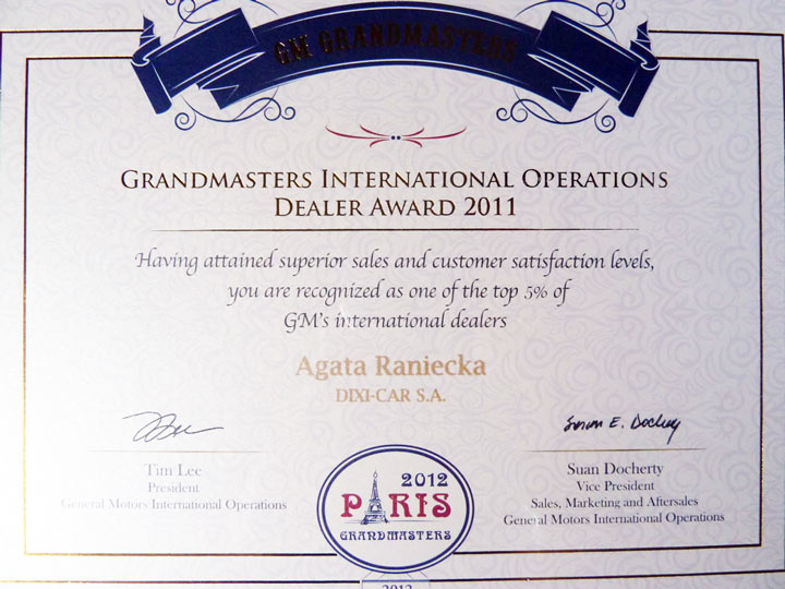 Grandmasters International Operations Dealer Award 2011 - dyplom dla Dixi-Car